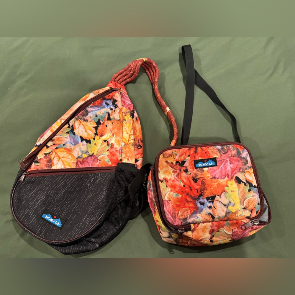 Kavu Autumn Leaf Print crossbody sling bag and lunchbox Set